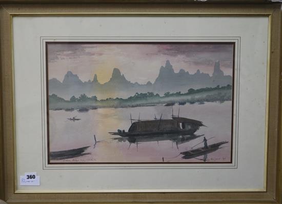 Geoffrey Knight, watercolour, Dawn, River Li, China, 31 x 47cm